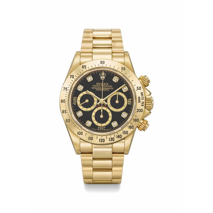 Rolex ROLEX. A VERY RARE 18K GOLD & DIAMOND-SET AUTOMATIC CHRONOGRAPH WRISTWATCH WITH BLACK DIAL AND BRACELET SIGNED ROLEX, OYSTER PERPETUAL, CHRONOGRAPH, DAYTONA, REF. 16528, CASE NO. R983983, CIRCA 1988 · 16528