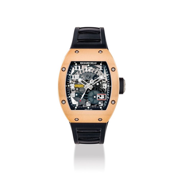 RICHARD MILLE. A FINE 18K PINK GOLD TONNEAU-SHAPED AUTOMATIC SKELETONISED WRISTWATCH WITH SWEEP CENTRE SECONDS AND DATE SIGNED RICHARD MILLE, REF. RM029 AN RG, MOVEMENT NO. 127'125, CASE NO. 262, CIRCA 2013