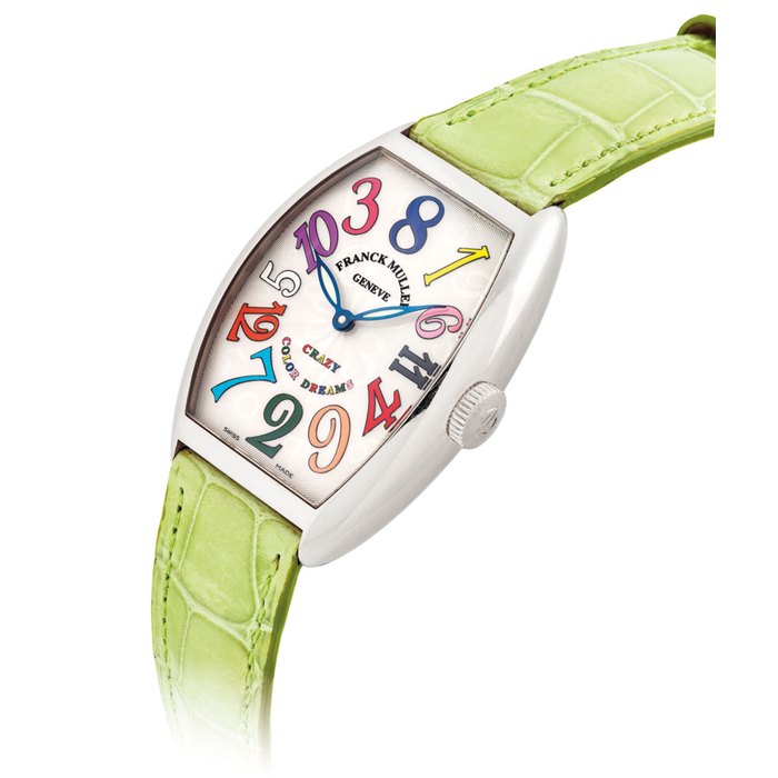 FRANCK MULLER. AN 18K WHITE GOLD TONNEAU-SHAPED AUTOMATIC WRISTWATCH SIGNED FRANCK MULLER, GENEVE, CRAZY COLOR DREAMS MODEL, REF. 5850 CH, CASE NO. 236, CIRCA 2006