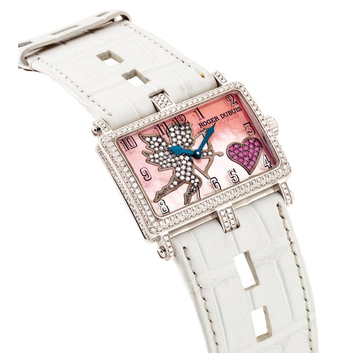 ROGER DUBUIS. A LADY'S ATTRACTIVE 18K WHITE GOLD, DIAMOND AND PINK SAPPHIRE-SET LIMITED EDITION RECTANGULAR WRISTWATCH WITH MOTHER-OF-PEARL DIAL SIGNED ROGER DUBUIS, TOO MUCH MODEL, NO. 582/888, REF. T26 86 0-FD ND2R/CU, CIRCA 2008