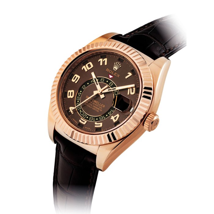 ROLEX. A FINE 18K PINK GOLD AUTOMATIC DUAL TIME ANNUAL CALENDAR WRISTWATCH WITH SWEEP CENTRE SECONDS SIGNED ROLEX, OYSTER PERPETUAL, SKY-DWELLER, REF. 326135, CASE NO. 3R057638, CIRCA 2012