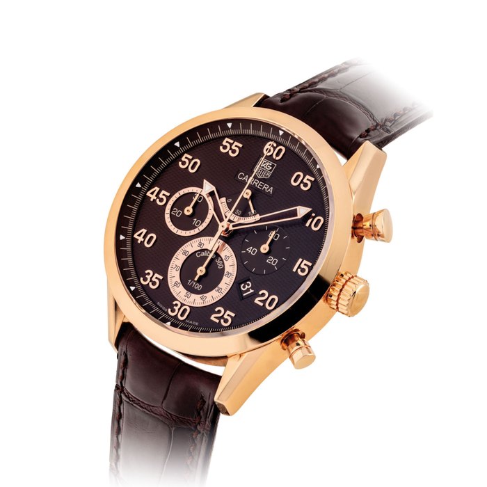 TAG HEUER. A FINE 18K PINK GOLD LIMITED EDITION AUTOMATIC CHRONOGRAPH WRISTWATCH WITH DATE, POWER RESERVE AND 1/100 SECONDS REGISTER SIGNED TAG HEUER, CARRERA 360 MODEL, NO. 65/500, REF. CV5041.0FC8164, MOVEMENT NO. 2892A2, CASE NO. 1'643'274, CIRCA 2005