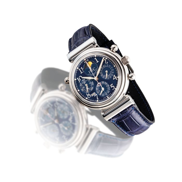 IWC. A FINE PLATINUM LIMITED EDITION AUTOMATIC PERPETUAL CALENDAR SPILT SECONDS CHRONOGRAPH WRISTWATCH WITH MOON PHASES AND DIGITAL YEAR INDICATION SIGNED IWC, SCHAFFHAUSEN, DA VINCI MODEL, NO. 115/500, REF. 3754-07, CASE NO. 2'882'815, CIRCA 1999