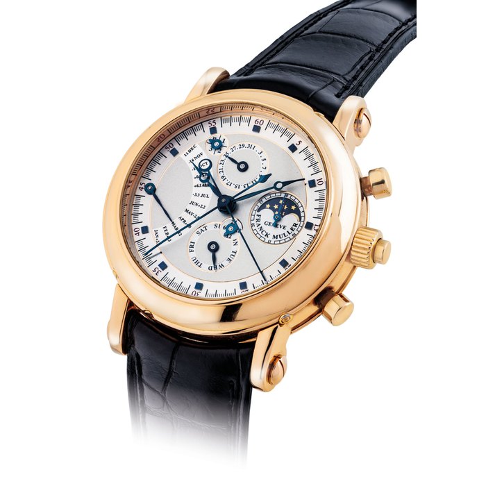 FRANCK MULLER. A VERY FINE AND RARE 18K GOLD PERPETUAL CALENDAR SPLIT SECONDS CHRONOGRAPH TOURBILLON WRISTWATCH WITH RETROGRADE EQUATION OF TIME, MOON PHASES, 24 HOUR AND LEAP YEAR INDICATION SIGNED FRANCK MULLER, GENEVE, REF. 1790 QPTR, CASE NO. 2, CIRCA 1998