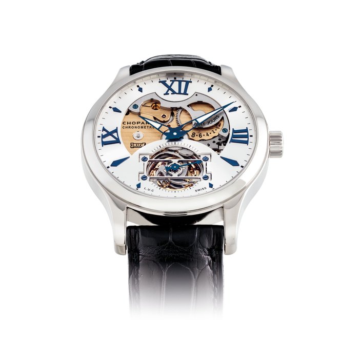 CHOPARD. A FINE AND VERY RARE PALLADIUM LIMITED EDITION CHRONOMETER-CERTIFIED TOURBILLON SEMI-SKELETONISED WRISTWATCH WITH POWER RESERVE SIGNED CHOPARD, CHRONOMETRE, L.U.C. TOURBILLON HERITAGE MODEL, NO. 01/25, REF. 161911, MOVEMENT NO. 108’972, CASE NO. 1’327'856, CIRCA 2007