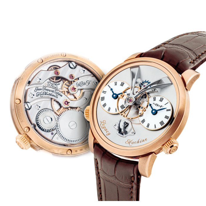 MB&F. A FINE 18K PINK GOLD DUAL TIME WRISTWATCH WITH THREE-DIMENSIONAL MOVEMENT AND VERTICAL POWER RESERVE SIGNED MB&F, JEAN-FRANCOIS MOJON AND KARI VOUTILAINEN, LEGACY MACHINE N°1 MODEL, CASE NO. 50R24969, CIRCA 2014