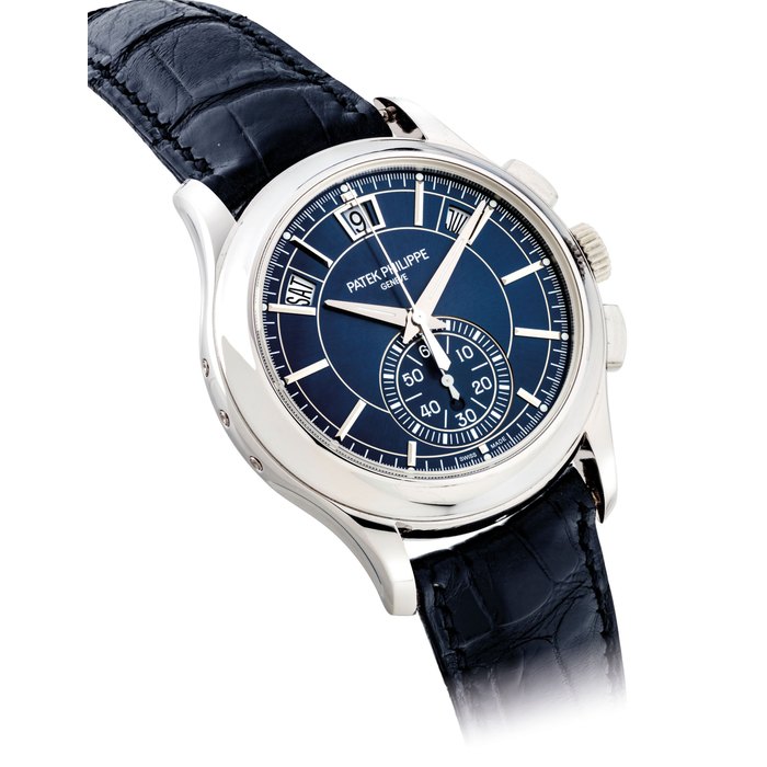PATEK PHILIPPE. A FINE PLATINUM AUTOMATIC ANNUAL CALENDAR CHRONOGRAPH WRISTWATCH SIGNED PATEK PHILIPPE, GENEVE, REF. 5905, MOVEMENT NO. 5'906'751, CASE NO. 6'082'920, CIRCA 2016