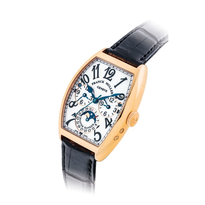 FRANCK MULLER. AN 18K PINK GOLD TONNEAU-SHAPED AUTOMATIC TRIPLE TIME WRISTWATCH WITH SWEEP CENTRE SECONDS, DAY AND NIGHT INDICATION, MOON PHASES AND DATE SIGNED FRANCK MULLER, GENEVE, MASTER OF COMPLICATIONS MODEL, REF. 6850 MB L DT, CASE NO. 55, CIRCA 2000