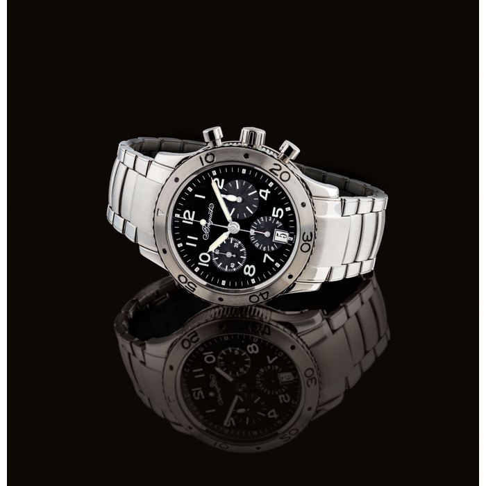 BREGUET. A FINE STAINLESS STEEL AUTOMATIC FLYBACK CHRONOGRAPH WRISTWATCH WITH DATE AND BRACELET SIGNED BREGUET, TYPE XX, TRANSATLANTIQUE MODEL, REF. 3820, CASE NO. 73'165, CIRCA 2000