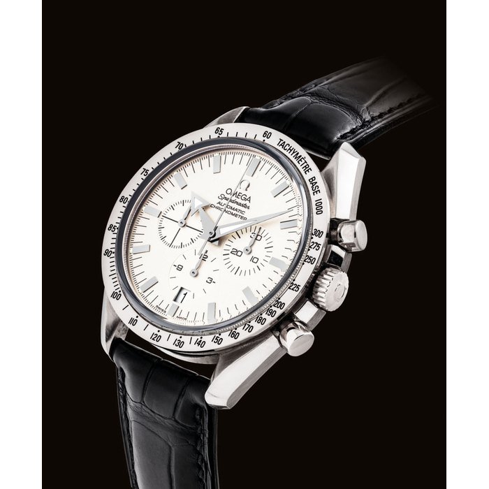Omega OMEGA. AN 18K WHITE GOLD AUTOMATIC CHRONOGRAPH WRISTWATCH WITH DATE SIGNED OMEGA, SPEEDMASTER BROAD ARROW MODEL, REF. 3652.30.31, CASE NO. 78'012'115, CIRCA 2009