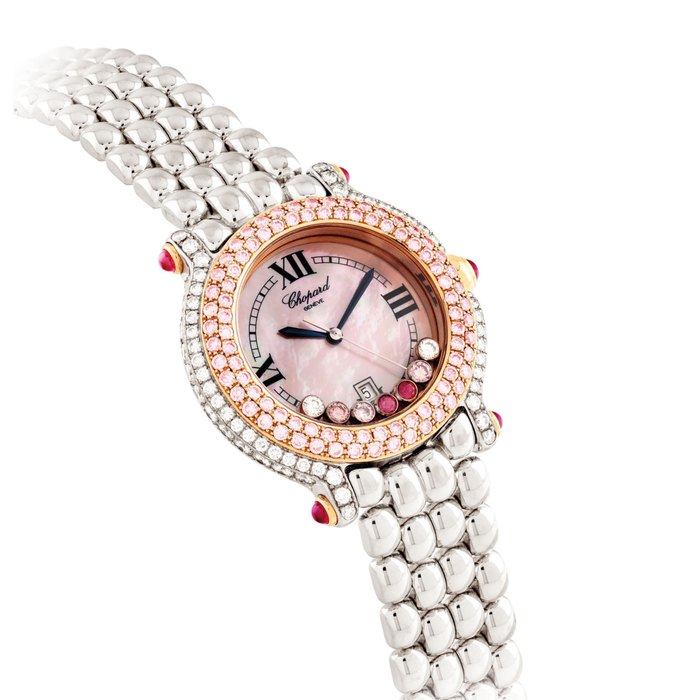CHOPARD. A LADY'S FINE 18K TWO-COLOUR GOLD, DIAMOND, PINK DIAMOND AND RUBY-SET WRISTWATCH WITH DATE, BRACELET AND MOTHER-OF-PEARL DIAL SIGNED CHOPARD, HAPPY SPORT MODEL, REF. 27/6180/401, CASE NOS. 380'308 AND 4144, CIRCA 2006