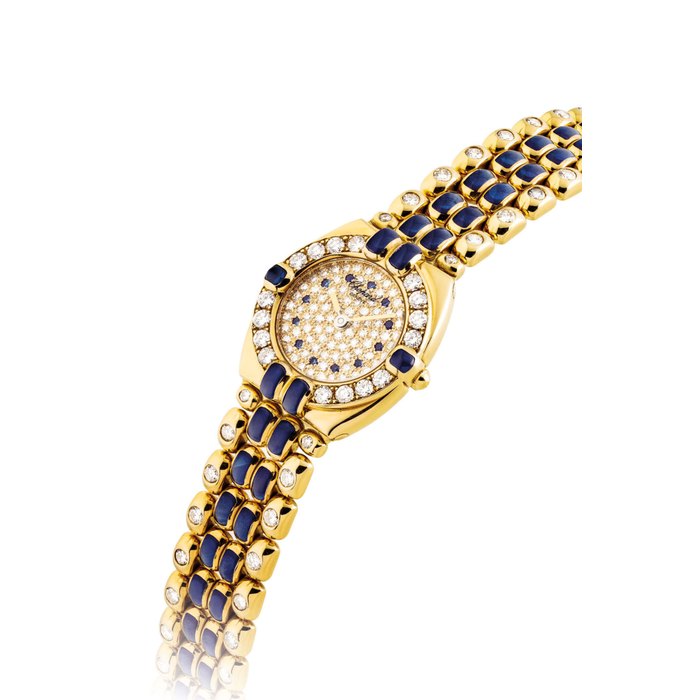 CHOPARD. A LADY’S FINE 18K GOLD, SAPPHIRE AND DIAMOND-SET BRACELET WATCH SIGNED CHOPARD, GSTAAD MODEL, REF. 32/5721-23, CASE NO. GD8359 5229, CIRCA 1990