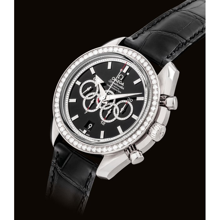 Omega OMEGA. A FINE AND ATTRACTIVE 18K WHITE GOLD AND DIAMOND-SET AUTOMATIC 5-COUNTER CHRONOGRAPH WRISTWATCH WITH DATE SIGNED OMEGA SPEEDMASTER, CO-AXIAL CHRONOMETER, OLYMPIC GAMES COLLECTION MODEL, REF. 32158445251001, CASE NO. 4, 84'892'686, CIRCA 2012