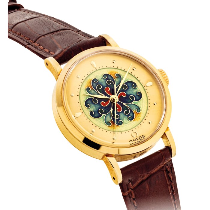 OMEGA. A FINE AND RARE 18K GOLD LIMITED EDITION WRISTWATCH WITH SWEEP CENTRE SECONDS AND CLOISONNÉ ENAMEL DIAL TO COMMEMORATE OMEGA'S 100TH ANNIVERSARY SIGNED OMEGA, REF. 1894, NO. 41/100, MOVEMENT NO. 20'479'783, CIRCA 1994