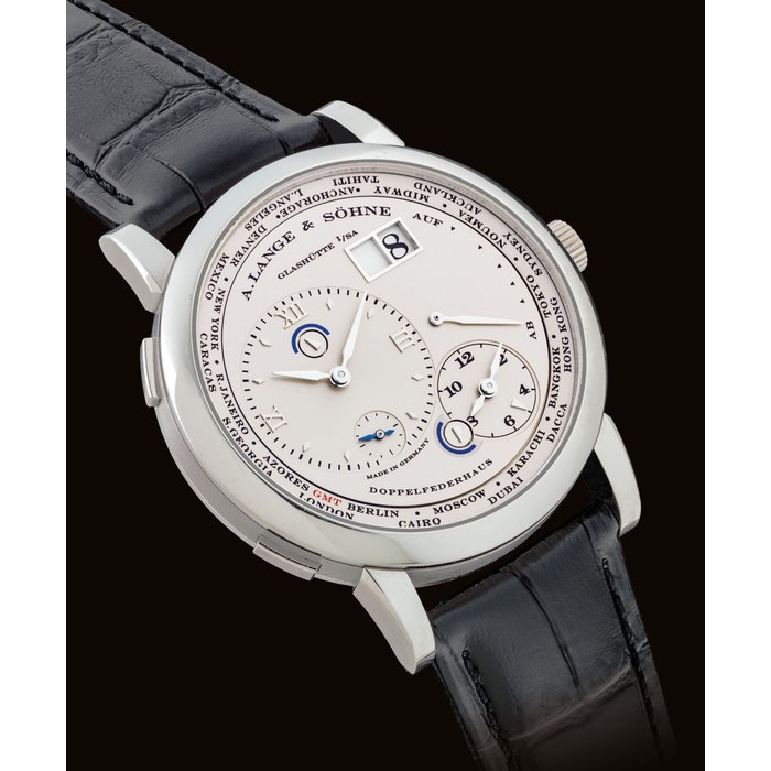 A. LANGE & SOHNE. A FINE AND RARE PLATINUM DUAL AND WORLD TIME WRISTWATCH WITH OVERSIZED DATE, DAY AND NIGHT INDICATION, POWER RESERVE AND HACK FEATURE SIGNED A. LANGE & SÖHNE, GLASHÜTTE I/SA, LANGE 1 TIME ZONE MODEL, REF. 116.025, MOVEMENT NO. 62'451, CASE NO. 172'989, CIRCA 2008
