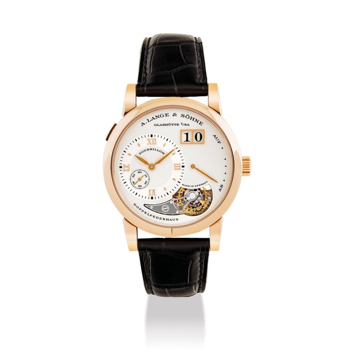A. LANGE & SÖHNE. A VERY FINE AND RARE 18K PINK GOLD LIMITED EDITION TOURBILLON WRISTWATCH WITH POWER RESERVE AND OVERSIZED DATE SIGNED A.LANGE & SÖHNE, GLASHUTTE I/SA, LANGE 1 TOURBILLON MODEL, NO. 225/250, REF. 704.032, MOVEMENT NO. 16'346, CASE NO. 129'225, CIRCA 2004