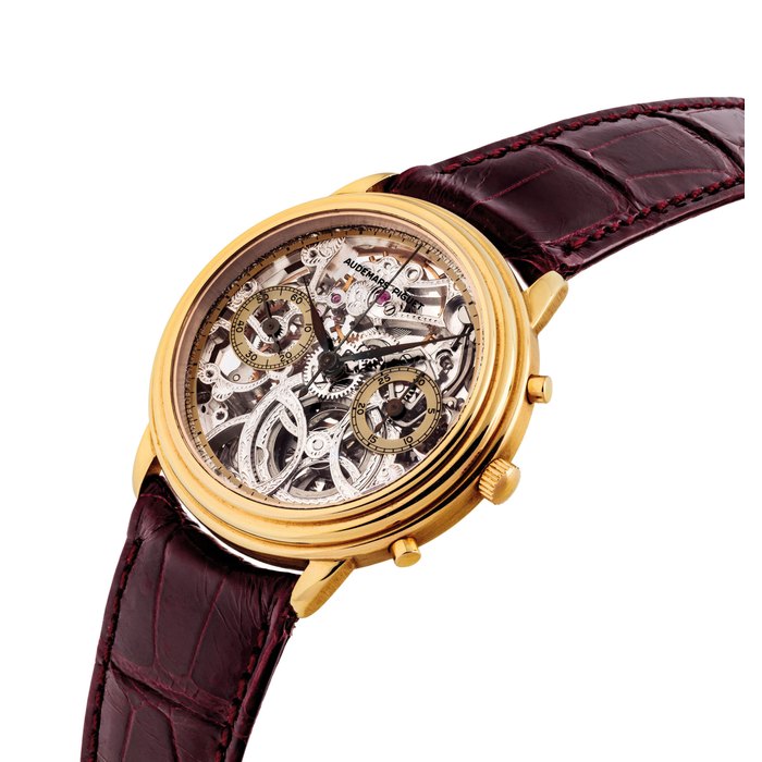 AUDEMARS PIGUET. A FINE AND RARE 18K PINK GOLD SKELETONISED CHRONOGRAPH WRISTWATCH SIGNED AUDEMARS PIGUET, MOVEMENT NO. 398'856, CASE NO. D25536, CIRCA 1980