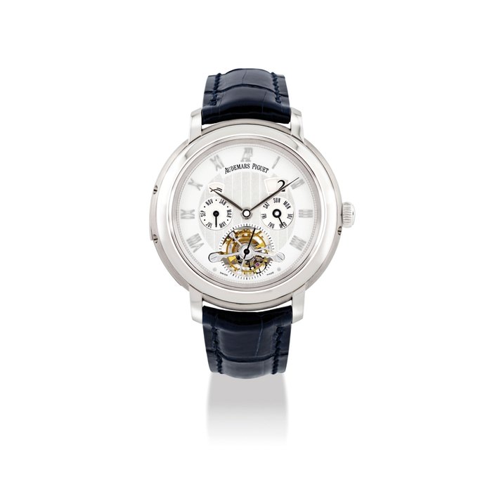 AUDEMARS PIGUET. A FINE AND RARE PLATINUM LIMITED EDITION MINUTE REPEATING PERPETUAL CALENDAR TOURBILLON WRISTWATCH WITH OVERSIZED DATE SIGNED AUDEMARS PIGUET, JULES AUDEMARS TRADITION D'EXCELLENCE NO.2 MODEL, MOVEMENT NO. 480'781, CASE NO. E 43321, CIRCA 2001