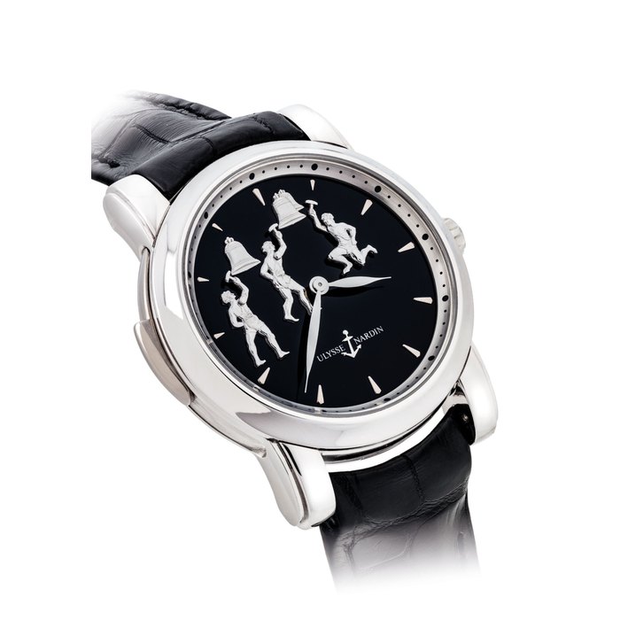 ULYSSE NARDIN. A FINE AND VERY RARE PLATINUM LIMITED EDITION MINUTE REPEATING WRISTWATCH WITH THREE AUTOMATON JACQUEMARTS SCENE AND ONYX DIAL SIGNED ULYSSE NARDIN, TRIPLE JACK MINUTE REPEATER MODEL, NO. 20/50, REF. 739-61, CIRCA 2007