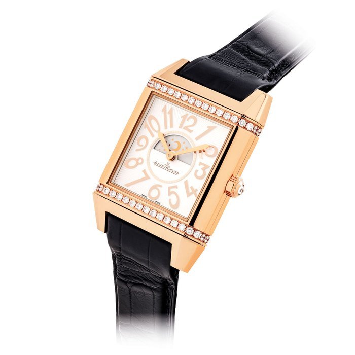 Jaeger-Lecoultre JAEGER-LECOULTRE. A LADY'S ELEGANT 18K PINK GOLD AND DIAMOND-SET DOUBLE-DIALED RECTANGULAR AUTOMATIC WRISTWATCH WITH DAY/NIGHT INDICATION SIGNED JAEGER-LECOULTRE, REVERSO SQUADRA DUETTO MODEL, REF. 235.2.76, CASE NO. 3'091'053, CIRCA 2013