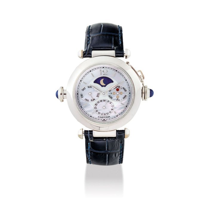Cartier CARTIER. A VERY FINE AND RARE PLATINUM AUTOMATIC MINUTE REPEATING PERPETUAL CALENDAR WRISTWATCH WITH MOON PHASES, LEAP YEAR INDICATION AND MOTHER-OF-PEARL DIAL SIGNED CARTIER, PASHA DE CARTIER MODEL, REF. W30021, CASE NO. 0906, CIRCA 1988