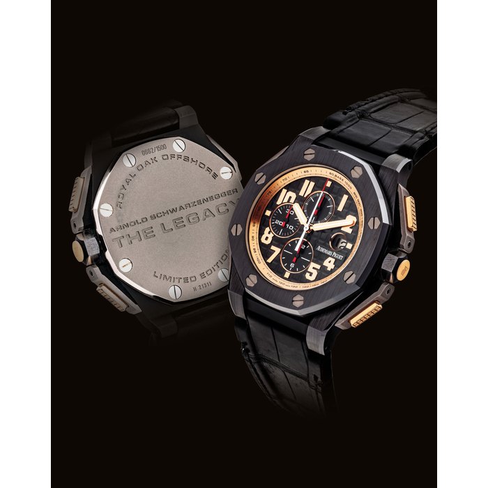 AUDEMARS PIGUET. A FINE, RARE AND OVERSIZED 18K PINK GOLD, TITANIUM AND CERAMIC LIMITED EDITION AUTOMATIC CHRONOGRAPH WRISTWATCH WITH DATE SIGNED AUDEMARS PIGUET, ROYAL OAK OFFSHORE, ARHOLD SCHWARZENEGGER THE LEGACY MODEL, NO. 0662/1500, CASE NO. H 21311, CIRCA 2011