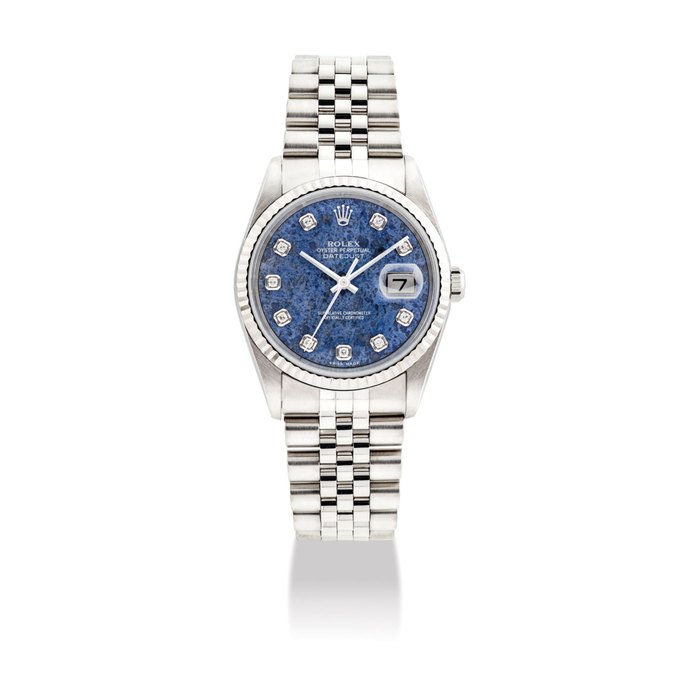ROLEX. A RARE STAINLESS STEEL AND DIAMOND-SET AUTOMATIC WRISTWATCH WITH SWEEP CENTRE SECONDS, DATE, BRACELET AND SODALITE DIAL SIGNED ROLEX, OYSTER PERPETUAL, DATEJUST MODEL, REF. 16234, CASE NO. Y135966, CIRCA 2002