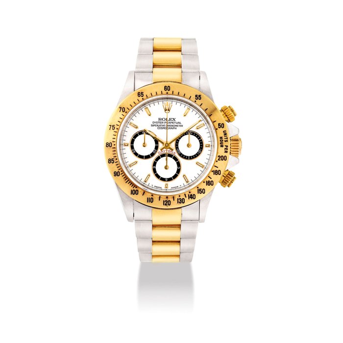 ROLEX. A RARE 18K GOLD AND STAINLESS STEEL AUTOMATIC CHRONOGRAPH WRISTWATCH WITH 'FOUR-LINE' DIAL AND BRACELET SIGNED ROLEX, OYSTER PERPETUAL, COSMOGRAPH DAYTONA MODEL, REF. 16523, CASE NO. L415915, CIRCA 1988