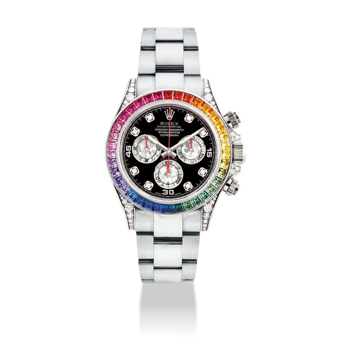 ROLEX. A VERY RARE AND IMPRESSIVE 18K WHITE GOLD AND DIAMOND-SET AUTOMATIC CHRONOGRAPH WRISTWATCH WITH RAINBOW-COLOURED MULTI-GEM SET BEZEL AND BRACELET SIGNED ROLEX, OYSTER PERPETUAL, COSMOGRAPH DAYTONA RAINBOW MODEL, REF. 116599RBOW, CASE NO. G823901, CIRCA 2012