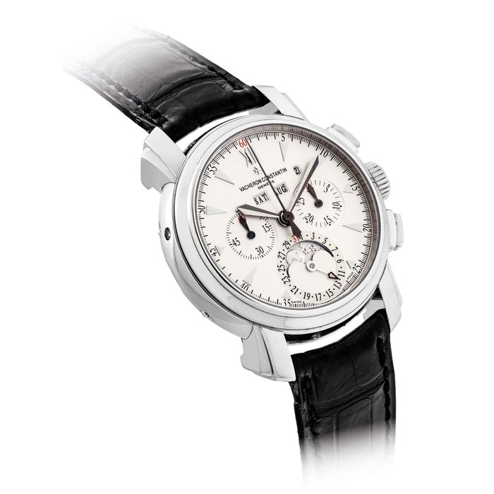 VACHERON CONSTANTIN. A VERY FINE PLATINUM PERPETUAL CALENDAR CHRONOGRAPH WRISTWATCH WITH MOON PHASES AND LEAP YEAR INDICATION SIGNED VACHERON CONSTANTIN, GENEVE, MALTE MODEL, REF. 47112/1, MOVEMENT NO. 902'677, CASE NO. 779'153, CIRCA 2001