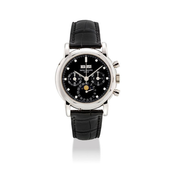 PATEK PHILIPPE. A VERY FINE AND RARE PLATINUM AND DIAMOND-SET PERPETUAL CALENDAR CHRONOGRAPH WRISTWATCH WITH MOON PHASES, 24 HOUR AND LEAP YEAR INDICATION SINGED PATEK PHILIPPE, GENEVE, REF. 3970E, MOVEMENT NO. 876'331, CASE NO. 2'919'415, MANUFACTURED IN 1992