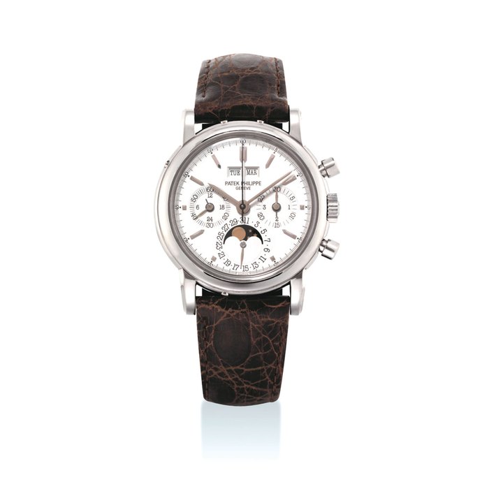 PATEK PHILIPPE. A VERY FINE AND RARE 18K WHITE GOLD PERPETUAL CALENDAR CHRONOGRAPH WRISTWATCH WITH MOON PHASES, 24 HOUR AND LEAP YEAR INDICATION SIGNED PATEK PHILIPPE, GENEVE, REF. 3970E, MOVEMENT NO. 3'047'312, CASE NO. 4'216'216, CIRCA 2004
