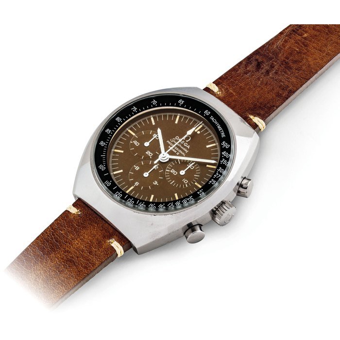 Omega OMEGA. A STAINLESS STEEL TONNEAU-SHAPED CHRONOGRAPH WRISTWATCH WITH TROPICAL DIAL SIGNED OMEGA, SPEEDMASTER PROFESSIONAL, MARK II, REF. 145.014, MOVEMENT NO. 31'612'786, CIRCA 1970
