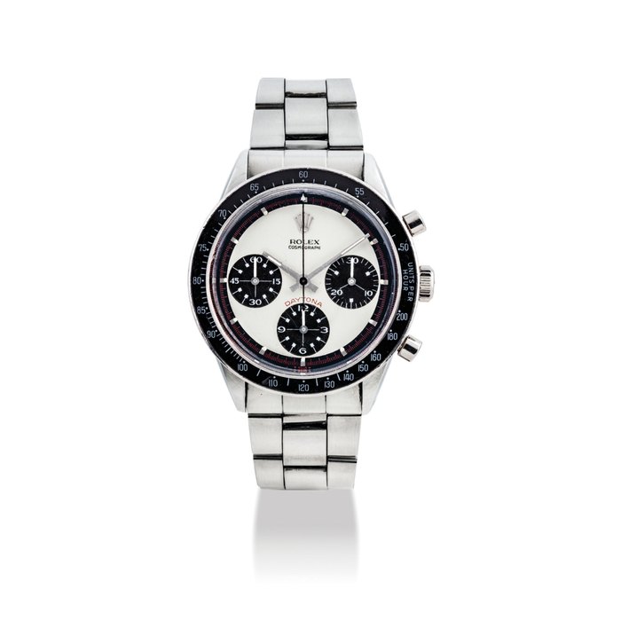 ROLEX. A VERY RARE, FINE AND ATTRACTIVE STAINLESS STEEL CHRONOGRAPH WRISTWATCH WITH BRACELET AND PAUL NEWMAN DIAL SIGNED ROLEX, COSMOGRAPH, DAYTONA, PAUL NEWMAN MODEL, REF. 6241, CASE NO. 1'765'300, CIRCA 1968