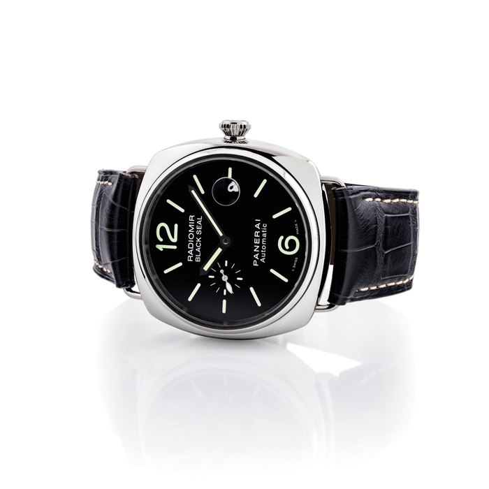 PANERAI. A STAINLESS STEEL CUSHION-SHAPED AUTOMATIC WRISTWATCH WITH DATE SIGNED PANERAI, RADIOMIR BLACK SEAL MODEL, REF. OP 6714, PAM00287, CASE NOS. PB 0595837 AND K1464/1500, CIRCA 2011