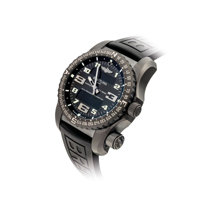 BREITLING. A BLACK TITANIUM MULTI-FUNCTIONAL WRISTWATCH WITH EMERGENCY TRANSMITTER, ALARM, CHRONOGRAPH, COUNTDOWN TIMER, SECOND TIME ZONE, DAY AND DATE SIGNED BREITLING, EMERGENCY VOLCANO BLACK MODEL, REF. V76325C1/BC46, CASE NO. 1'559'944, CIRCA 2016