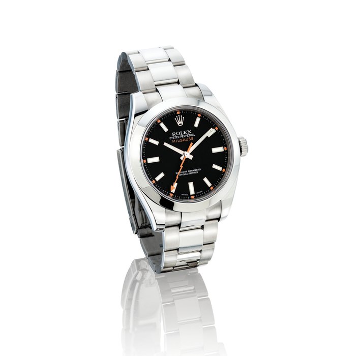 ROLEX. A STAINLESS STEEL AUTOMATIC WRISTWATCH WITH SWEEP CENTRE SECONDS AND BRACELET SIGNED ROLEX, OYSTER PERPETUAL, MILGAUSS MODEL, REF. 116400, CASE NO. V767269, CIRCA 2009