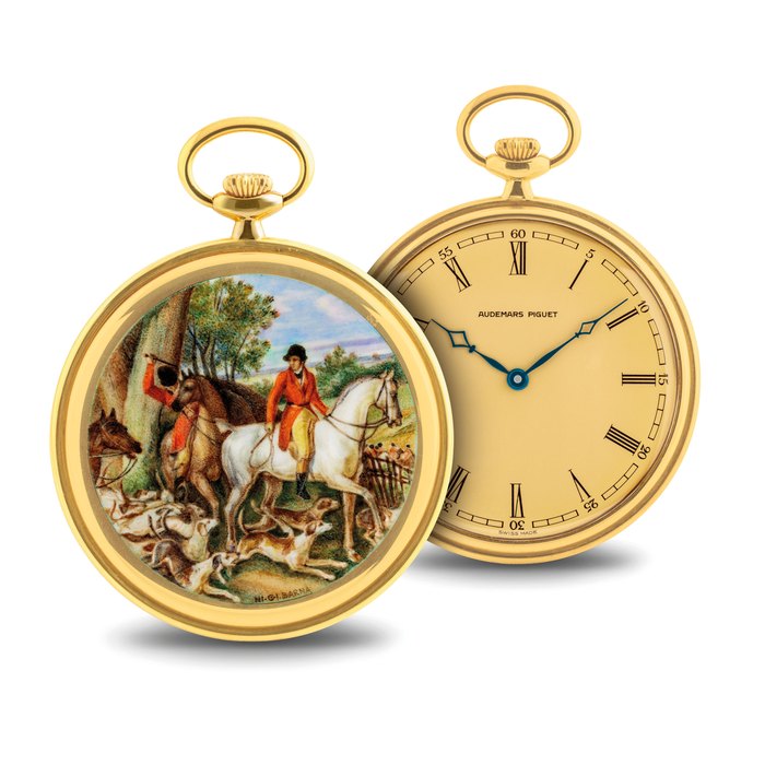 Audemars Piguet AUDEMARS PIGUET. A VERY FINE AND UNIQUE 18K GOLD OPENFACE KEYLESS LEVER WATCH WITH PAINTED ENAMEL MINIATURE DEPICTING A FOX HUNT BY NI. GI. BARNA SIGNED AUDEMARS PIGUET, MOVEMENT NO. 264'039, CASE NO. B 78971, CIRCA 1982, Price & Market Data