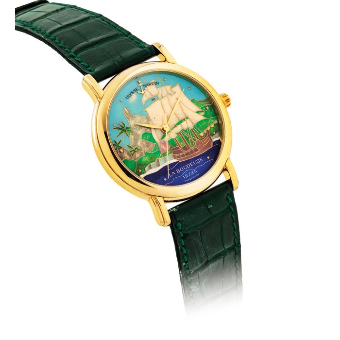ULYSSE NARDIN. A FINE AND VERY RARE 18K GOLD LIMITED EDITION AUTOMATIC WRISTWATCH WITH SWEEP CENTRE SECONDS AND CLOISONNÉ ENAMEL DIAL SIGNED ULYSSE NARDIN, SAN MARCO "LA BOUDEUSE" MODEL, NO. 12/25, REF. 131-77-9, CASE NO. 7392, CIRCA 2000