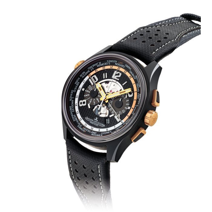 Jaeger-Lecoultre JAEGER-LECOULTRE. A FINE 18K PINK GOLD AND CERAMIC LIMITED EDITION AUTOMATIC WORLD TIME CHRONOGRAPH WRISTWATCH WITH DATE SIGNED JAEGER-LECOULTRE, ASTON MARTIN AMVOX5 V12 VANTAGE MODEL, NO. 197/200, REF. 193.L.22, CASE NO. 2’517’839, CIRCA 2011