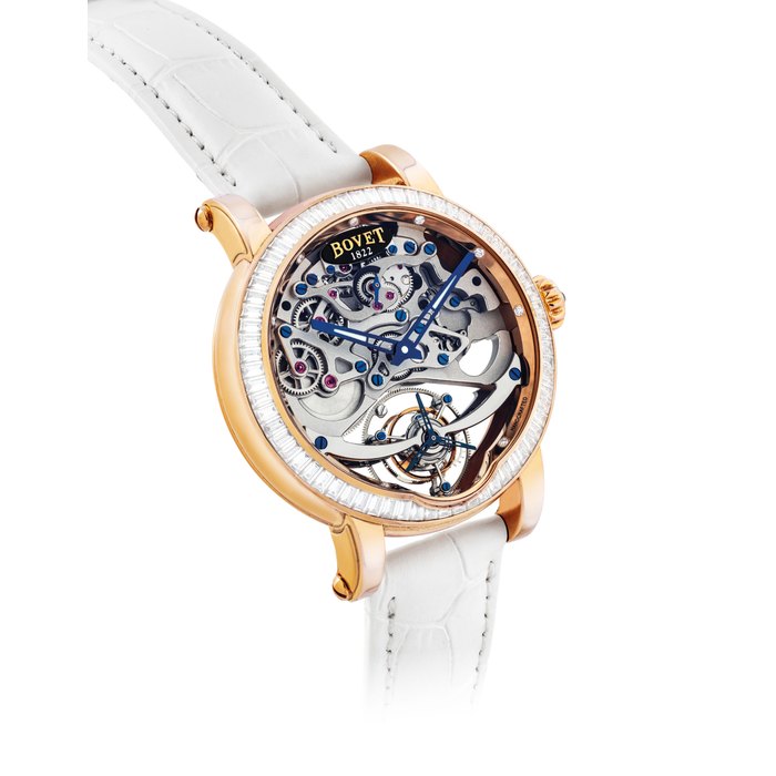 BOVET. A FINE AND ATTRACTIVE 18K PINK GOLD AND BAGUETTE-CUT DIAMOND-SET SKELETONISED TOURBILLON WRISTWATCH SIGNED BOVET, DIMIER RECITAL TOURBILLON MODEL, REF. D 506, CASE NO. 017'647, CIRCA 2010