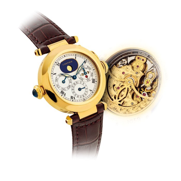 Cartier CARTIER. A VERY FINE AND RARE 18K GOLD MINUTE REPEATING PERPETUAL CALENDAR AUTOMATIC WRISTWATCH WITH MOON PHASES AND LEAP YEAR INDICATION SIGNED CARTIER, PASHA DE CARTIER MODEL, REF. W30012, CASE NO. 59, CIRCA 1990