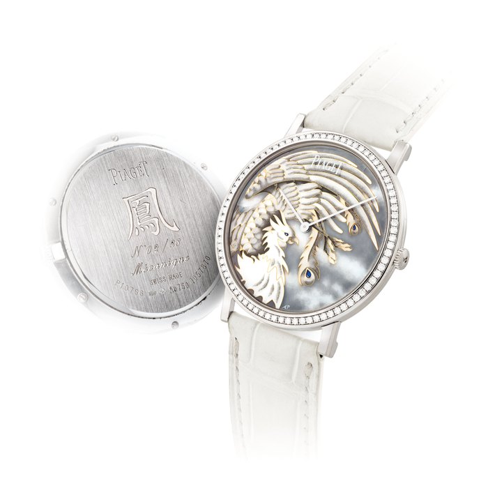 PIAGET. A FINE AND VERY RARE 18K WHITE GOLD AND DIAMOND-SET LIMITED EDITION WRISTWATCH WITH CLOISONNÉ ENAMEL DIAL SIGNED PIAGET, MÉCANIQUE, ALTIPLANO PHOENIX MODEL, NO. 02/38, REF. P10766, CASE NO. 1'057'870, CIRCA 2012
