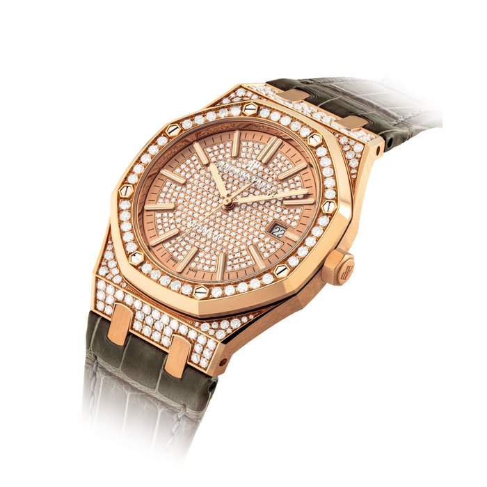 AUDEMARS PIGUET. A FINE AND ATTRACTIVE 18K PINK GOLD AND DIAMOND-SET AUTOMATIC WRISTWATCH WITH SWEEP CENTRE SECONDS AND DATE SIGNED AUDEMARS PIGUET, AUTOMATIC, ROYAL OAK MODEL, REF. 15402OR, CASE NOS. I 75722 & 0119, CIRCA 2018