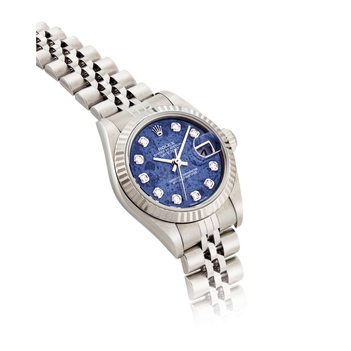 ROLEX. A LADY’S RARE STAINLESS STEEL AND 18K WHITE GOLD AUTOMATIC WRISTWATCH WITH SWEEP CENTRE SECONDS, DATE, BRACELET, SODALITE AND DIAMOND-SET DIAL SIGNED ROLEX, OYSTER PERPETUAL, DATEJUST MODEL, REF. 79174, CASE NO. P390935, CIRCA 2001