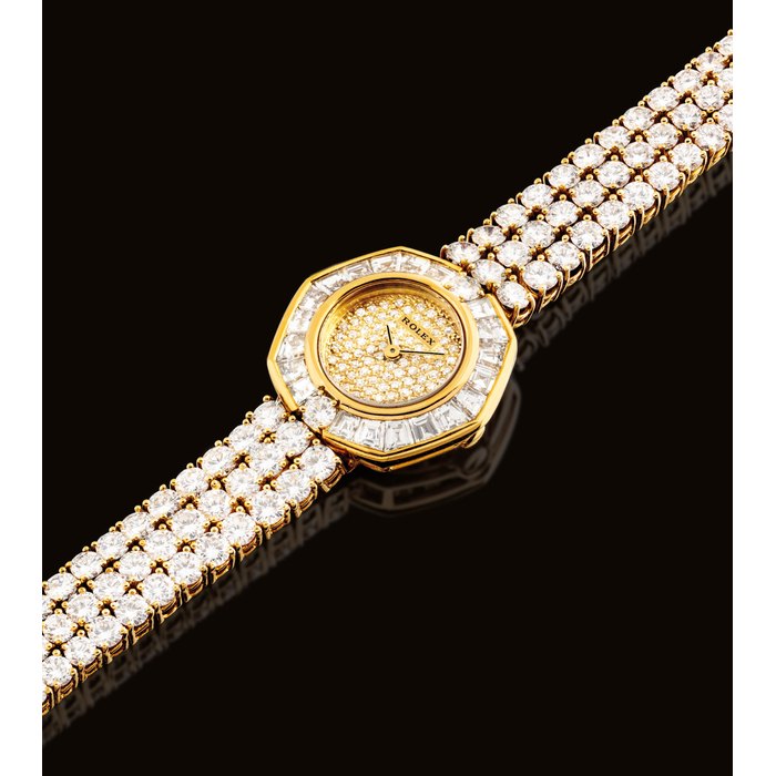 ROLEX. A LADY'S FINE AND RARE 18K GOLD AND DIAMOND-SET OCTAGONAL-SHAPED BRACELET WATCH SIGNED ROLEX, REF. 2263, CASE NO. 9'722'081, CIRCA 1985