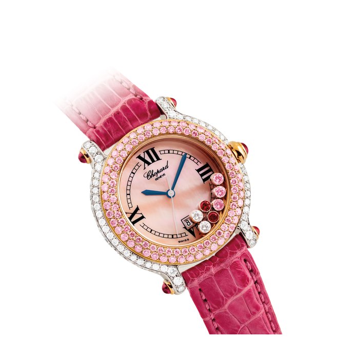 Chopard CHOPARD. A LADY’S FINE 18K TWO-COLOUR GOLD, DIAMOND, PINK DIAMOND AND RUBY-SET WRISTWATCH WITH DATE AND MOTHER-OF-PEARL DIAL SIGNED CHOPARD, HAPPY SPORT MODEL, REF. 27/6180/401, CASE NOS. 379'385 AND 4144, CIRCA 2006, Price & Market Data