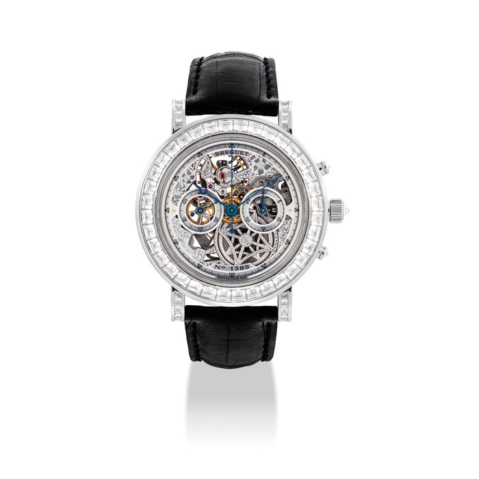 BREGUET. A FINE AND VERY ATTRACTIVE 18K WHITE GOLD AND BAGUETTE-CUT DIAMOND-SET SEMI-SKELETONISED CHRONOGRAPH WRISTWATCH SIGNED BREGUET, CLASSIQUE MODEL, REF. 5238, CASE NO. 1389, CIRCA 2008