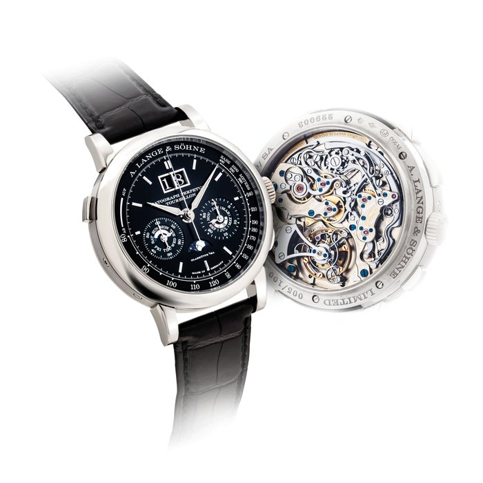 A. LANGE & SÖHNE. AN EXTREMELY FINE AND VERY RARE PLATINUM LIMITED EDITION WRISTWATCH WITH PERPETUAL CALENDAR, FLYBACK CHRONOGRAPH, TOURBILLON, DATE, POWER RESERVE, LEAP YEAR INDICATION AND MOON PHASES SIGNED A. LANGE & SÖHNE, GLASHÜTTE I/SA, DATOGRAPH PERPETUAL TOUBILLON MODEL, NO. 005/100, REF. 740.036, MOVEMENT NO. 122'836, CASE NO. 229'003, CIRCA 2016