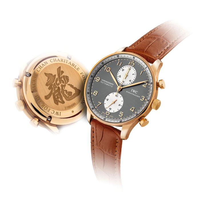 IWC. A FINE AND RARE 18K PINK GOLD LIMITED EDITION AUTOMATIC CHRONOGRAPH WRISTWATCH, MADE FOR THE JACKIE CHAN CHARITABLE FOUNDATION SIGNED IWC, SCHAFFHAUSEN, PORTUGIESER CHRONOGRAPH AUTOMATIC MODEL, NO. 048/250, REF. IW371433, CASE NO.3'186'886, CIRCA 2006
